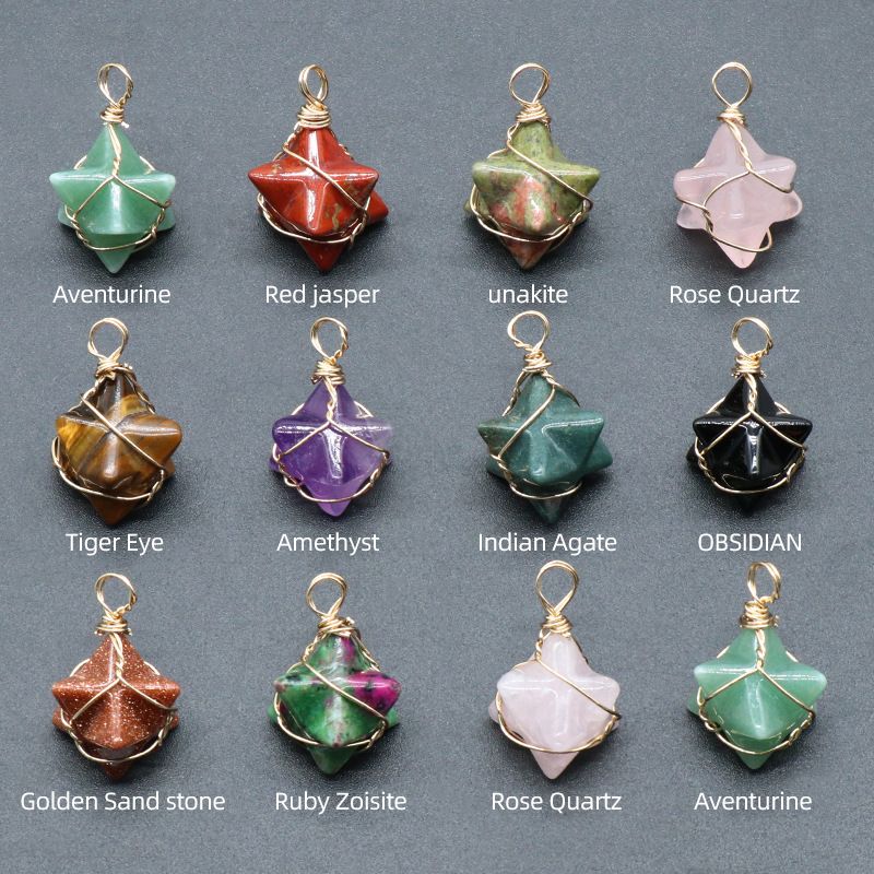 1511-Merkaba Pingente de fio de estrela de cristal natural de ágata Pingente de hexagrama de pedra Merkaba