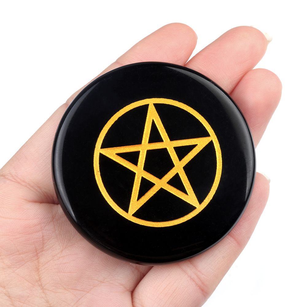 1771-Obsidiana 55mm gravura redonda e plana Árvore da Vida Estrela Lua Esteira de Pedra Enfeite de artesanato DIY