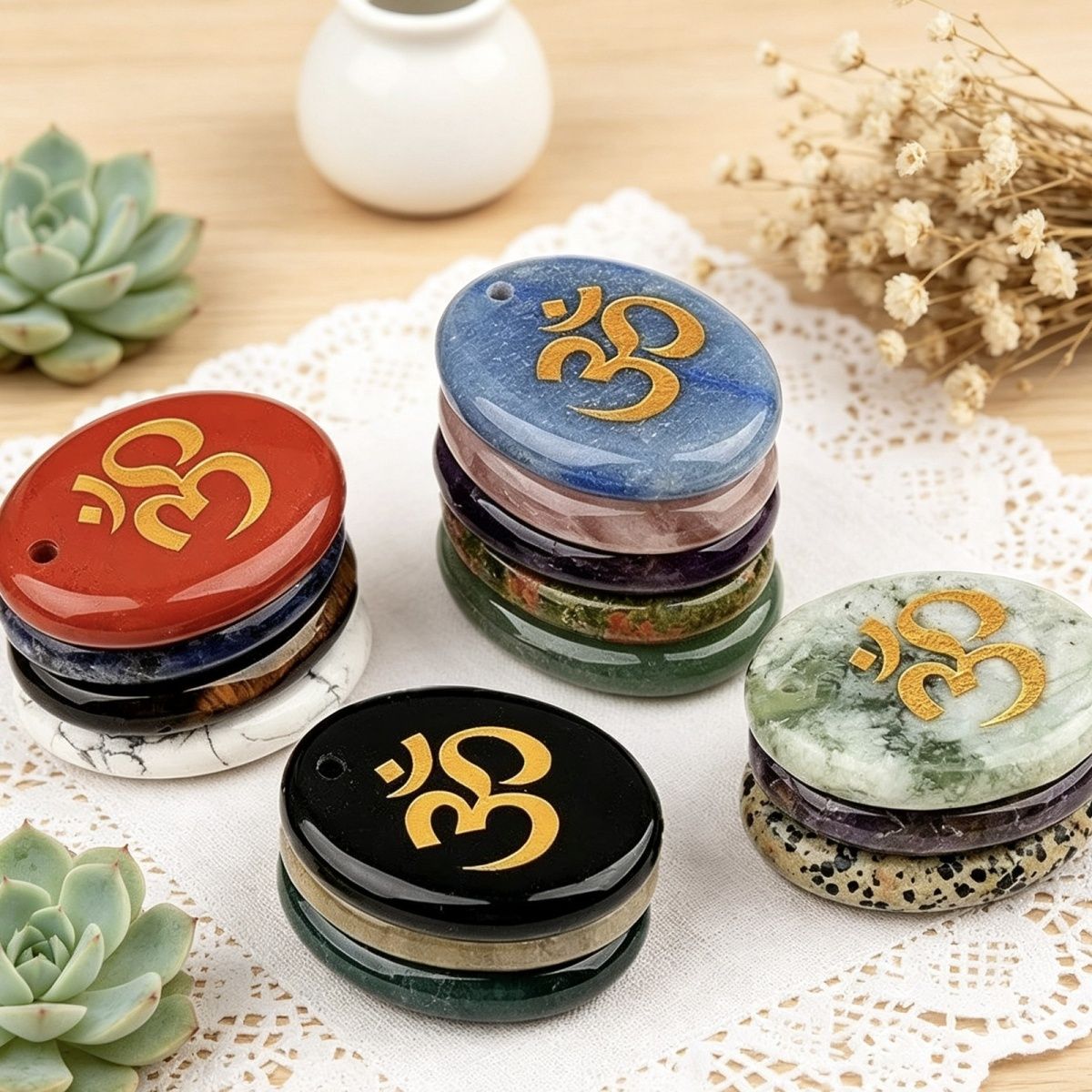 2338-Letras de ágata de cristal natural OM símbolo palma pedra yoga runa DIY chaveiro pingente acessórios