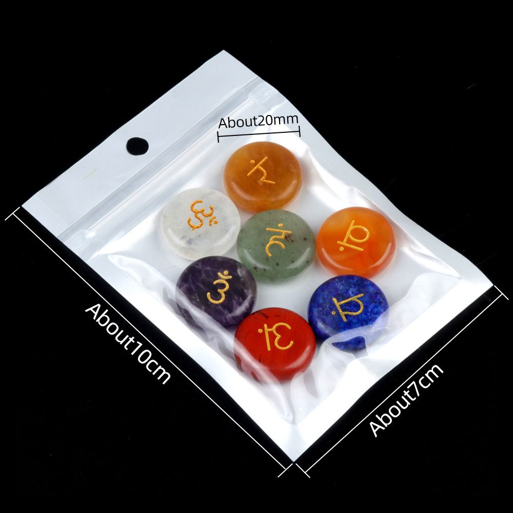 1783-Sete chakras cristal de ágata natural 20mm redondo sete veias símbolo de ioga 7 peças