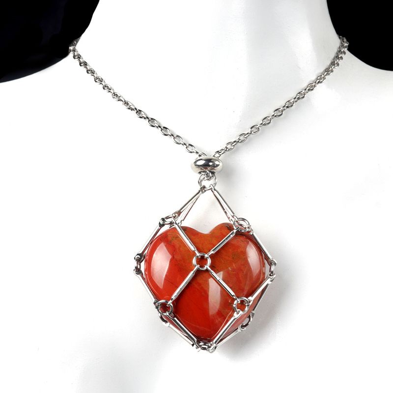 1737-Corrente de aço inoxidável de pedra de amor de ágata de cristal natural, pingente de bolso de malha de coração de bambu de metal
