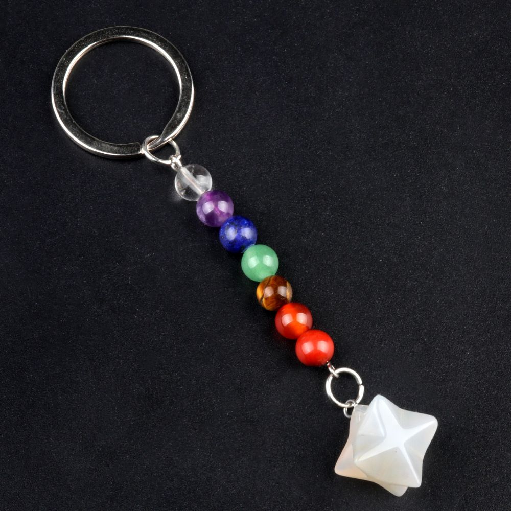 1937-Pedra colorida de cristal natural ágata Kaba chaveiro estrela, pingente de hexagrama tridimensional Merkaba.