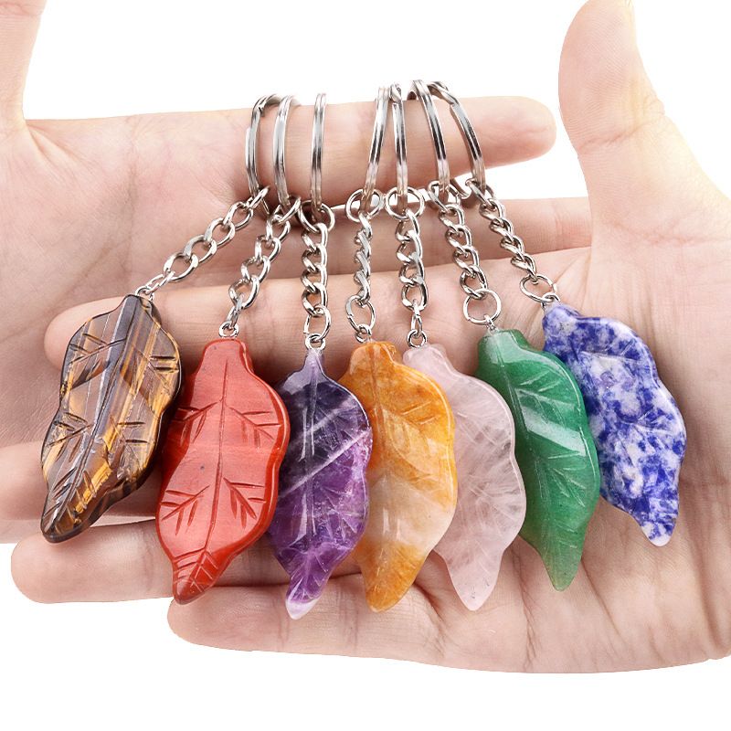 2073-Folha de cristal ágata pedra semi-preciosa chaveiro DIY pingente pena pingente decorativo acessórios de jóias