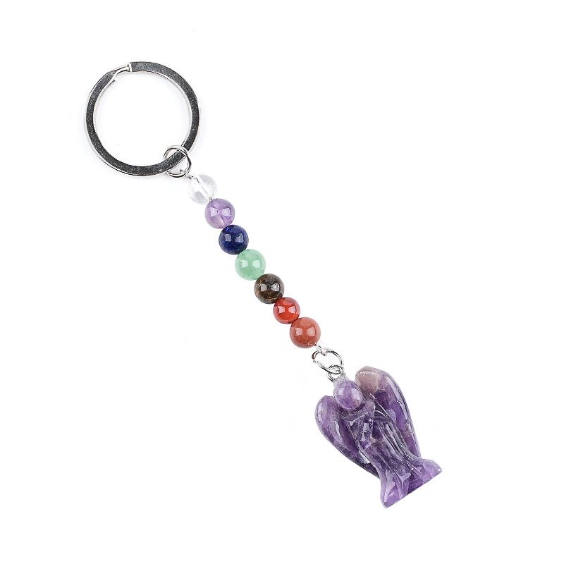 1715-Chaveiro de Anjo Chakra, Chaveiro de Anjo Gravado em Pedra Semi-Preciosa Natural, Pingente de Anjo da Guarda