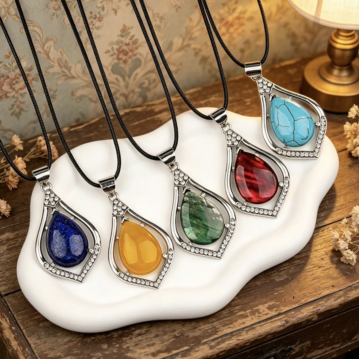Pingente de gota de água de cabeça de pedra semipreciosa de cristal natural, liga incrustada de pedra preciosa, colar de pingente DIY de concha de abalone.