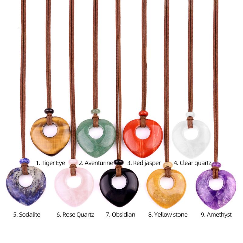 2042-Colar de amor oco de ametista natural, pingente de amor de pedra de olho de tigre de cristal em pó, joias de corrente de suéter em forma de coração.