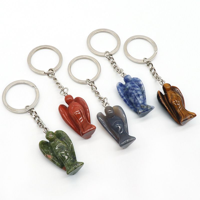 Chaveiro de anjo gravado em pedra de ágata de cristal natural, pingente de bolsa de celular de anjo da guarda.