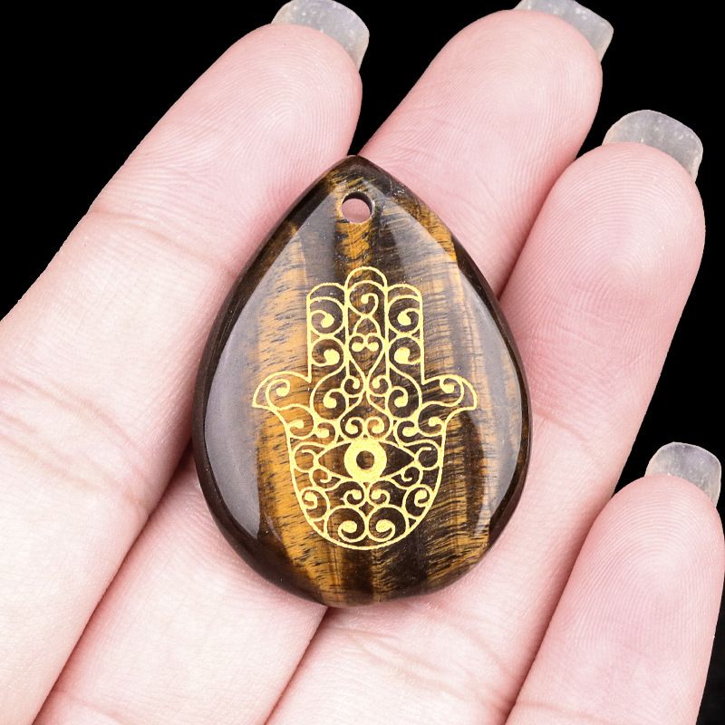 2102-Gota de água de ametista natural gravada palma Pingente de mão de Fátima DIY colar pingente acessórios
