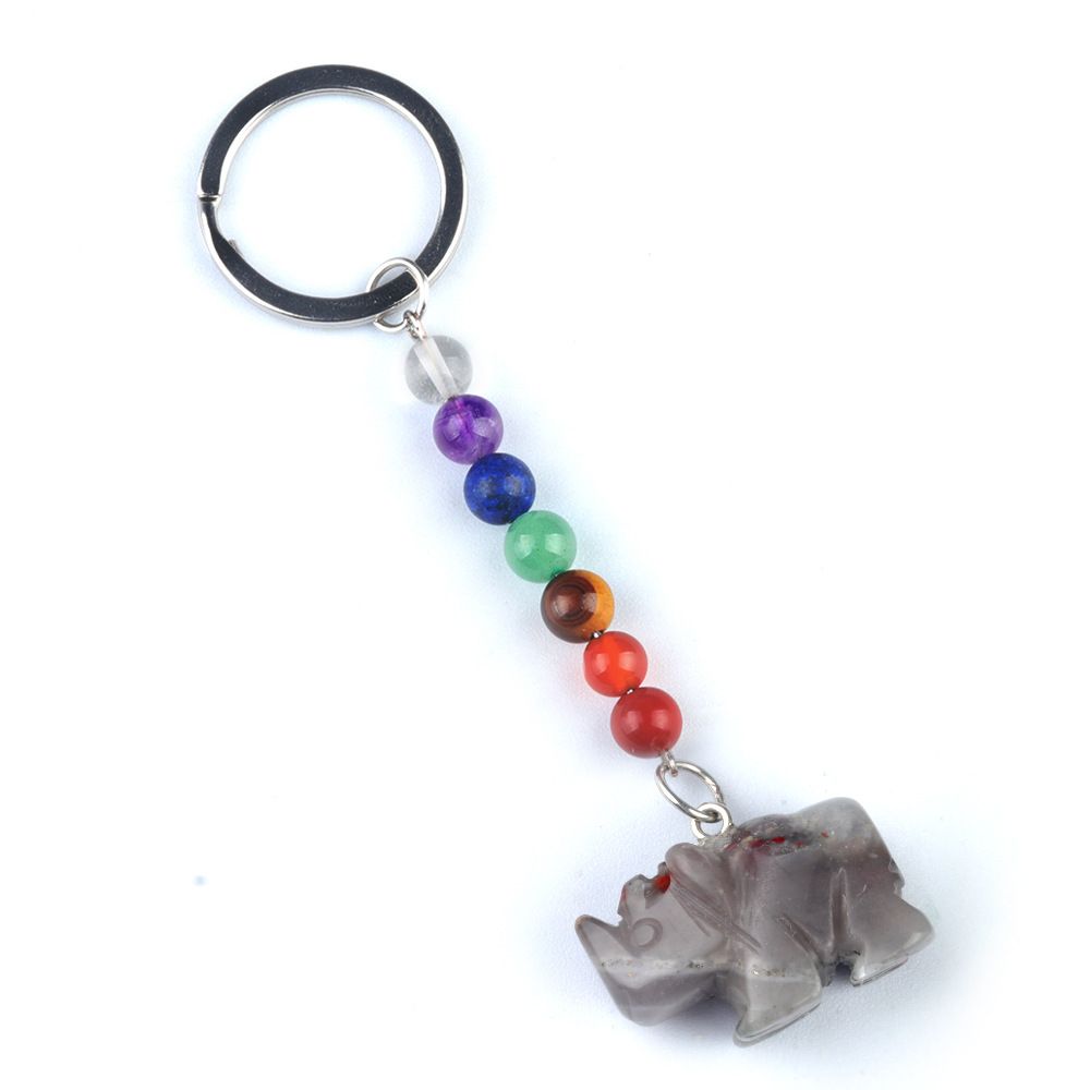 1960-Chaveiro de rinoceronte de pedra de cristal colorido, pingente de jóias de chakra, pingente de chaveiro de animal pequeno