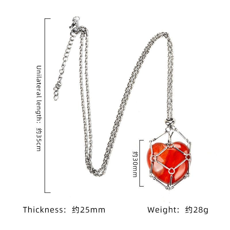 1737-Corrente de aço inoxidável de pedra de amor de ágata de cristal natural, pingente de bolso de malha de coração de bambu de metal