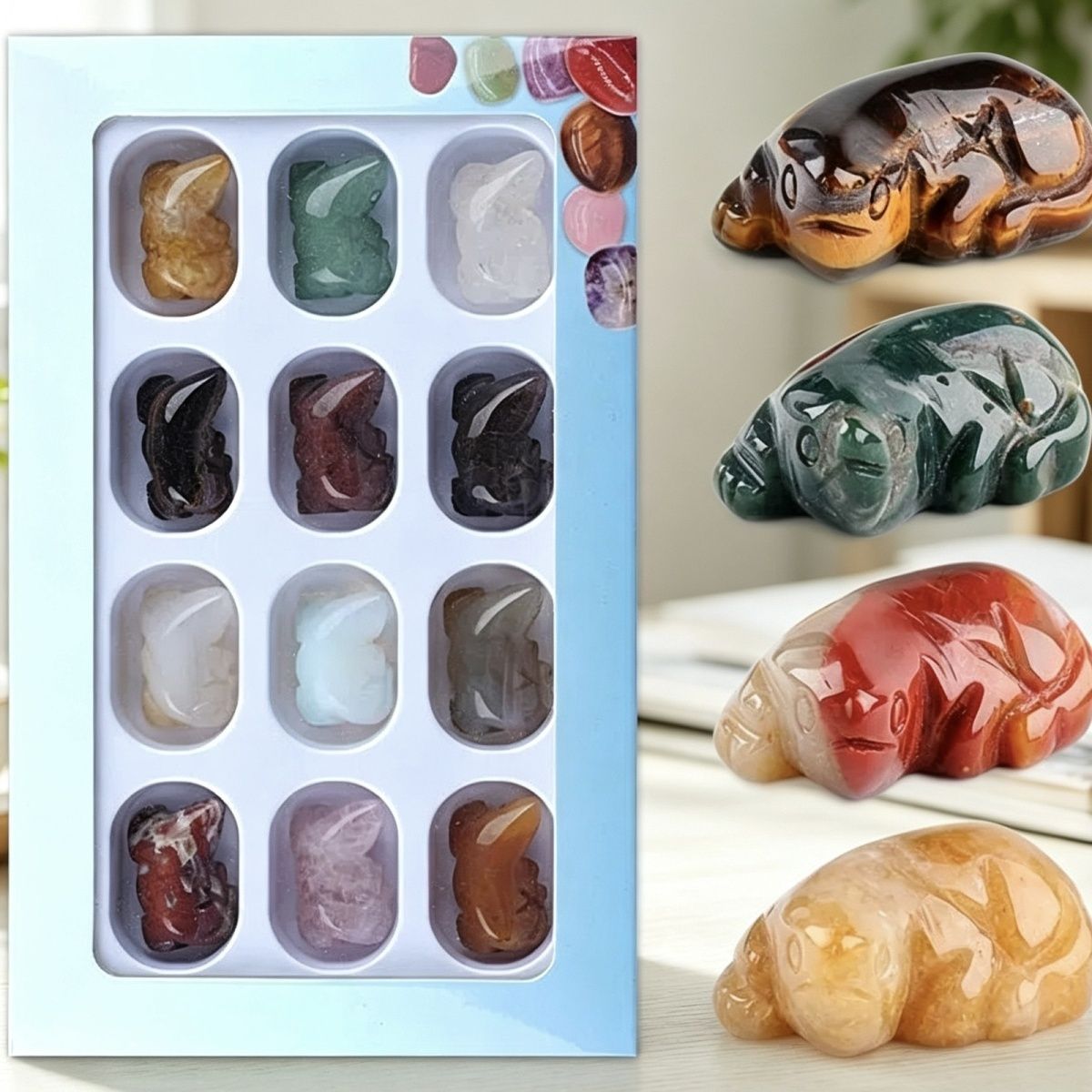 12 caixas de cor 1 polegada gravado cristal ágata jade lagarto ornamento animal conjunto de artesanato