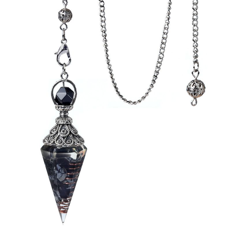 1924-Pêndulo de resina de cascalho colorido de cristal de prata antigo, pingente de cone hexagonal, transfronteiriço