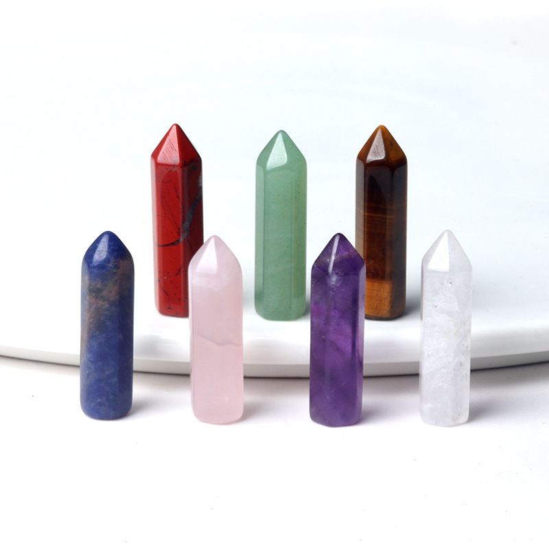 1629-Sete veios coluna hexagonal pontiaguda simples 7 pcs um pacote de pedra de cristal natural 32mm conjunto de coluna hexagonal de pedra colorida