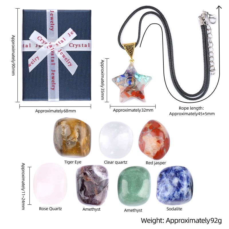 2409 Conjunto de combinação de ágata de pedra semipreciosa de cristal colorido, pedra rolante de ponta dupla, chakra de meditação de ioga de sete veias, caixa de presente correspondente.