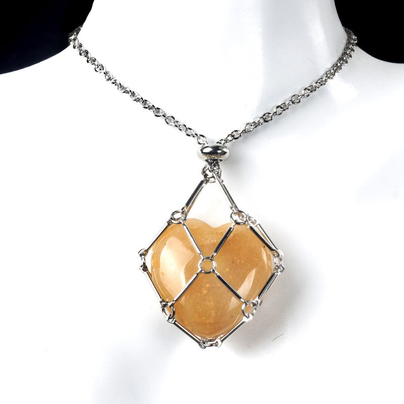 1737-Corrente de aço inoxidável de pedra de amor de ágata de cristal natural, pingente de bolso de malha de coração de bambu de metal