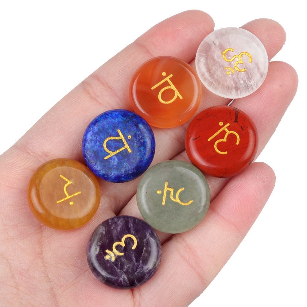 1783-Sete chakras cristal de ágata natural 20mm redondo sete veias símbolo de ioga 7 peças
