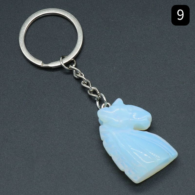 Chaveiro de unicórnio de pedra de cristal natural unicórnio, pingente de saco de animal gravado em pedra.