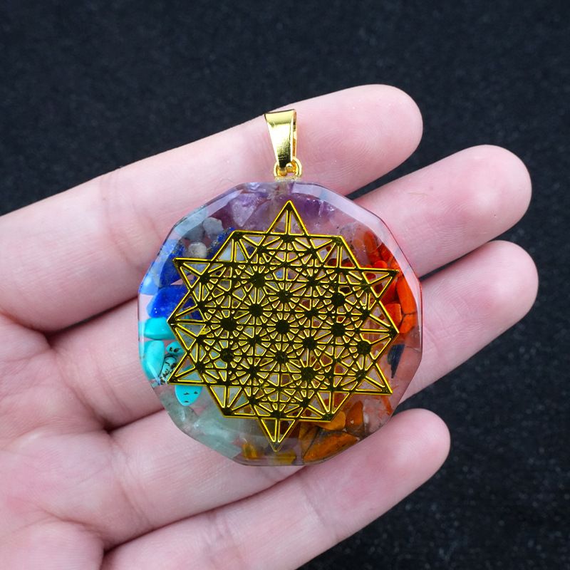 2324-Colar de pedra colorida hexagonal, pingente de pedra natural envolto em cola de resina