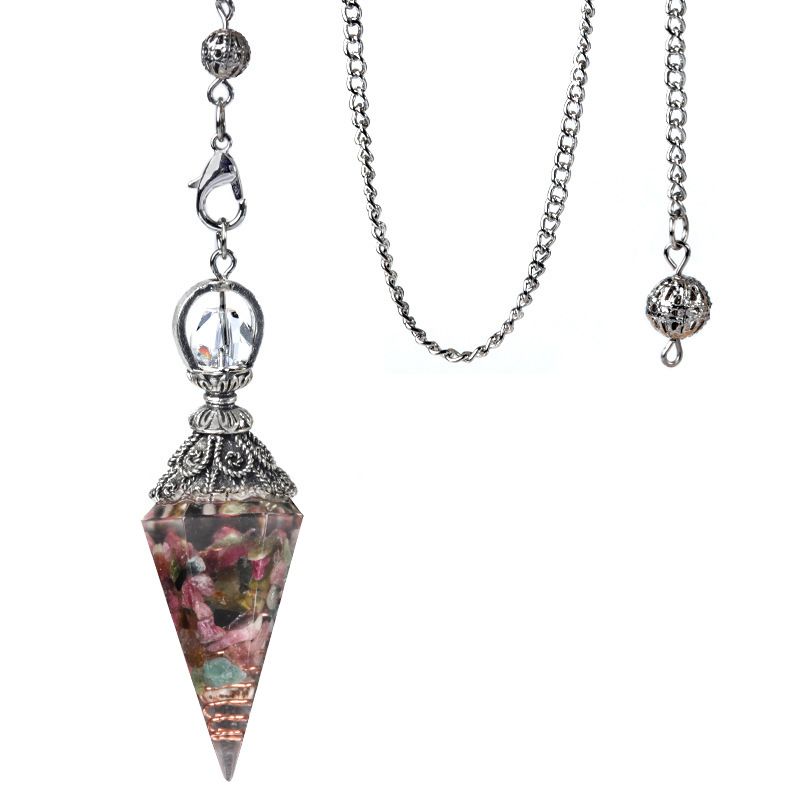 1924-Pêndulo de resina de cascalho colorido de cristal de prata antigo, pingente de cone hexagonal, transfronteiriço