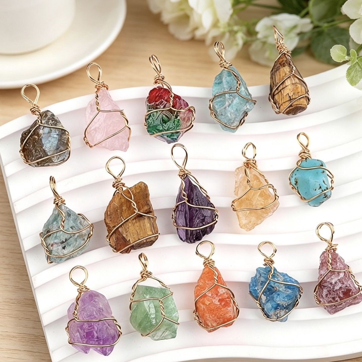 2193-15~ 25 mm de cristal rosa roxo olho de tigre pedra áspera enrolamento pingente brincos de jóias DIY acessórios