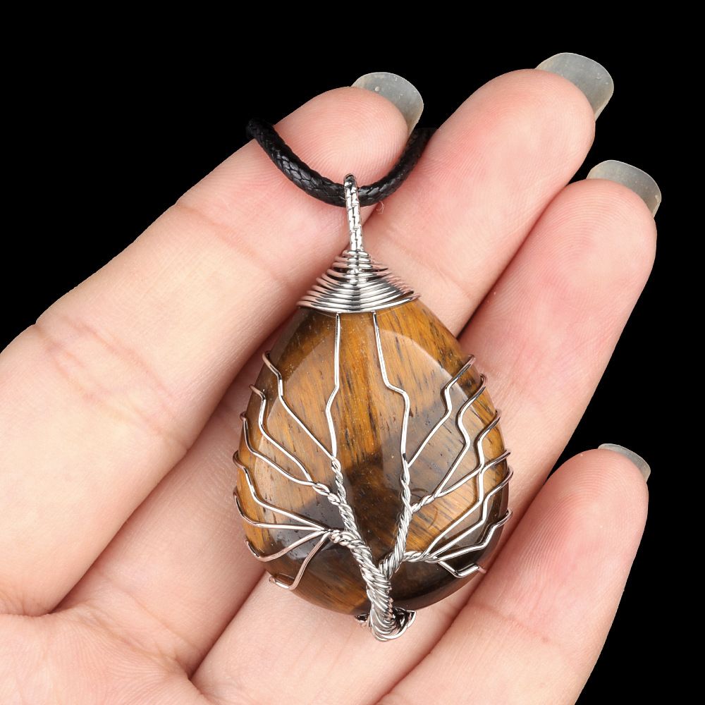 1923-Pingente de árvore da vida de seda de pedra de ágata de cristal natural