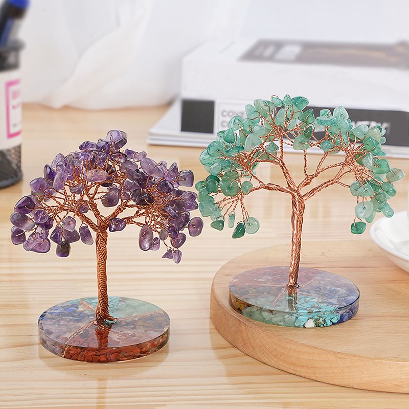 Pedra natural árvore da fortuna criativo home office enfeite de mesa fundo de resina colorido cristal cascalho árvore da vida