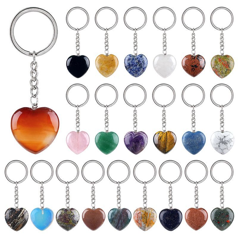 30Mm cristal natural amor chaveiro bonito saco decoração do carro pedra áspera polida pingente de coração de pedra semipreciosa