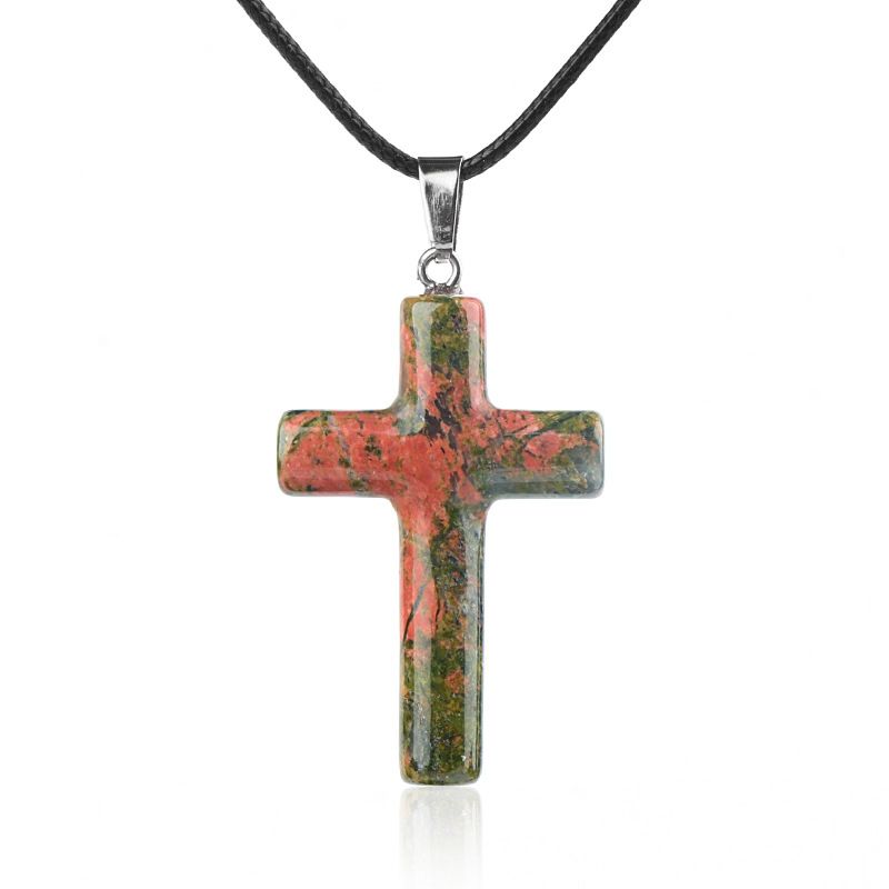 1488 Colar de cruz de cristal natural de 40 mm de venda quente elegante versátil grande pingente de cruz de ágata redonda