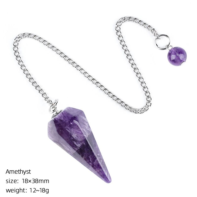 Pingente de pêndulo de cristal natural 38 mm Pedra preciosa de cone hexagonal com corrente Yoga Meditação Pêndulo de frequência ajustável