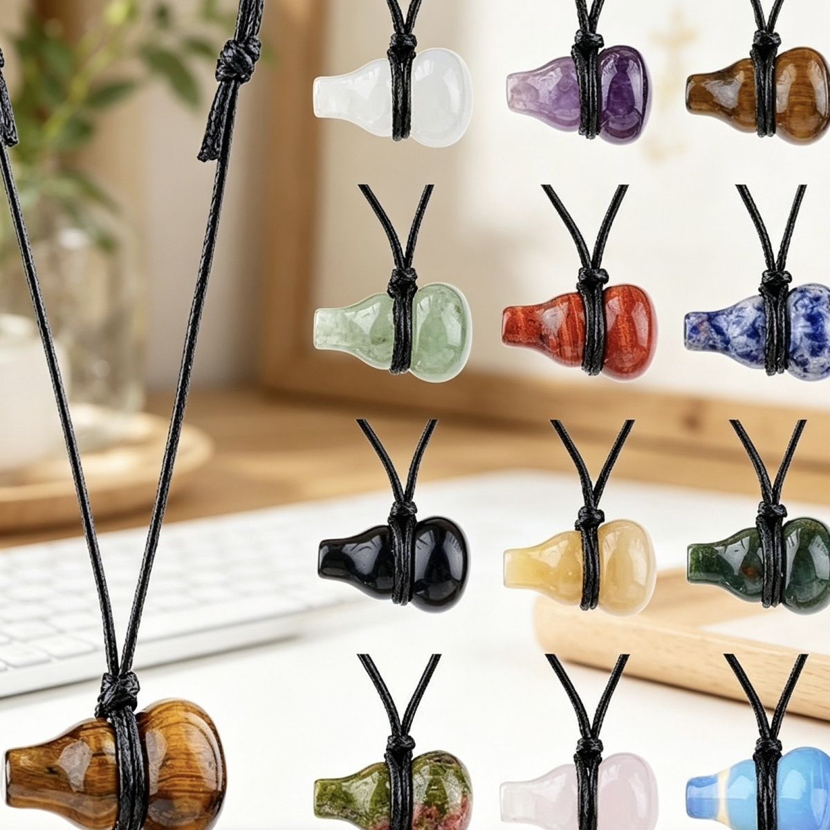Colar de cabaça de cristal natural estilo chinês corrente de suéter trançado à mão ajustável pedra semipreciosa pingente de cabaça gravada