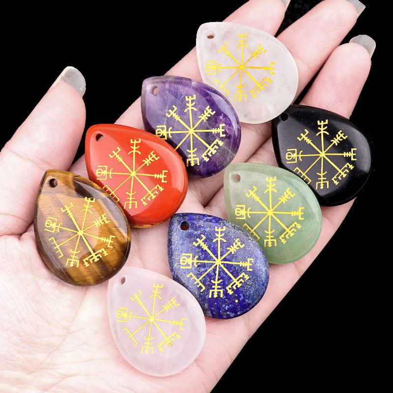 2112-Gravura de cristal em pó de ametista natural Vegvisir Símbolo Viking marca de direção pingente de gota de água DIY jóias