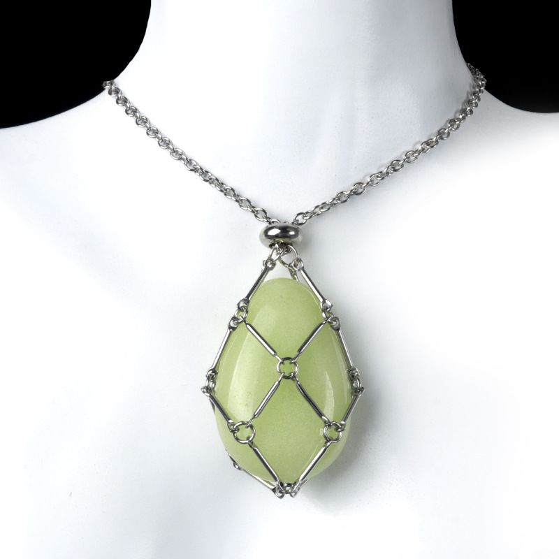 1720-Corrente de mão de aço inoxidável tecido malha colar de bolso de pedra de ágata cristal pingente de gota de água pode ser substituído por pedra bruta