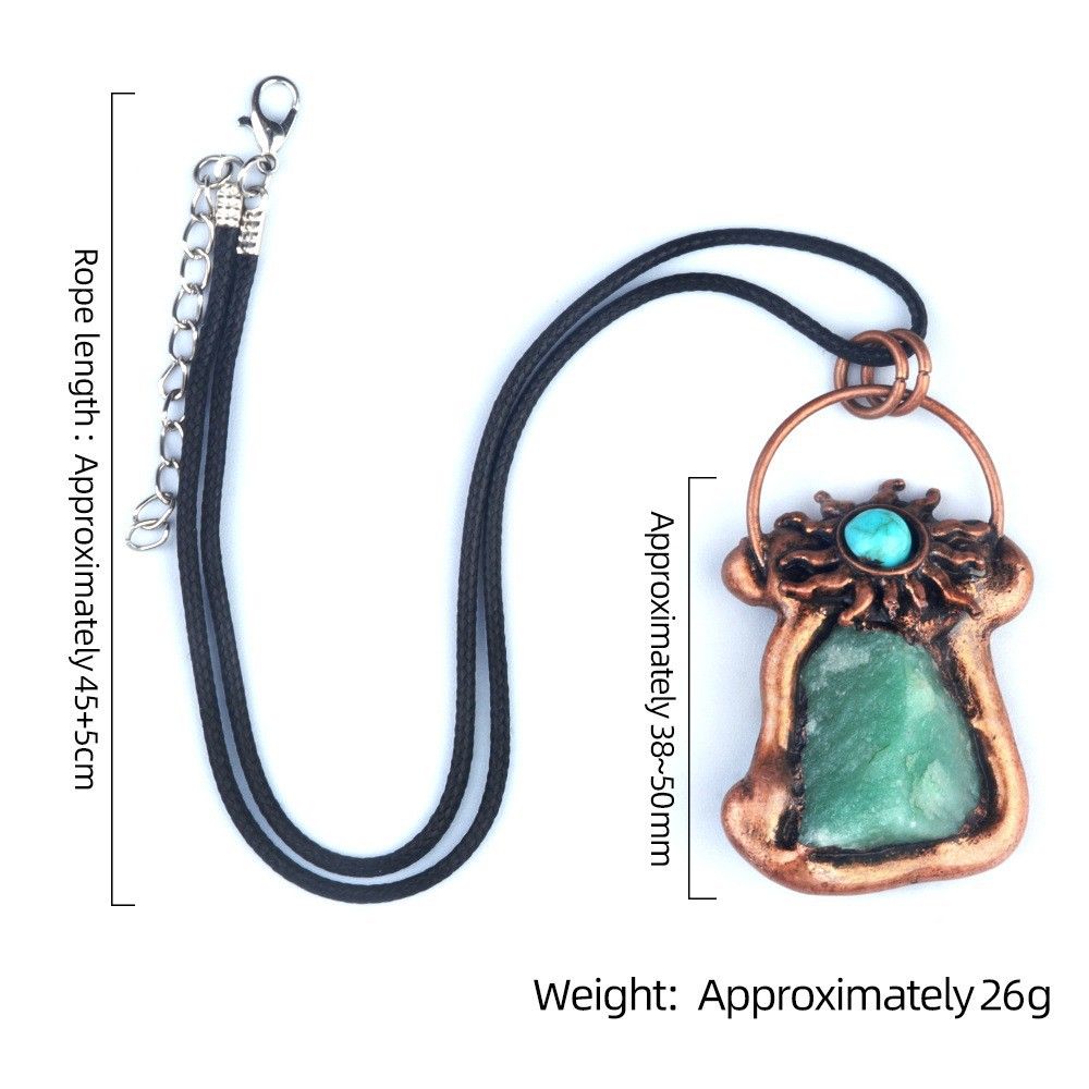 1913-Pingente de pedra áspera de cristal natural turquesa incrustada no sol, colar de bronze retrô de jade de cristal