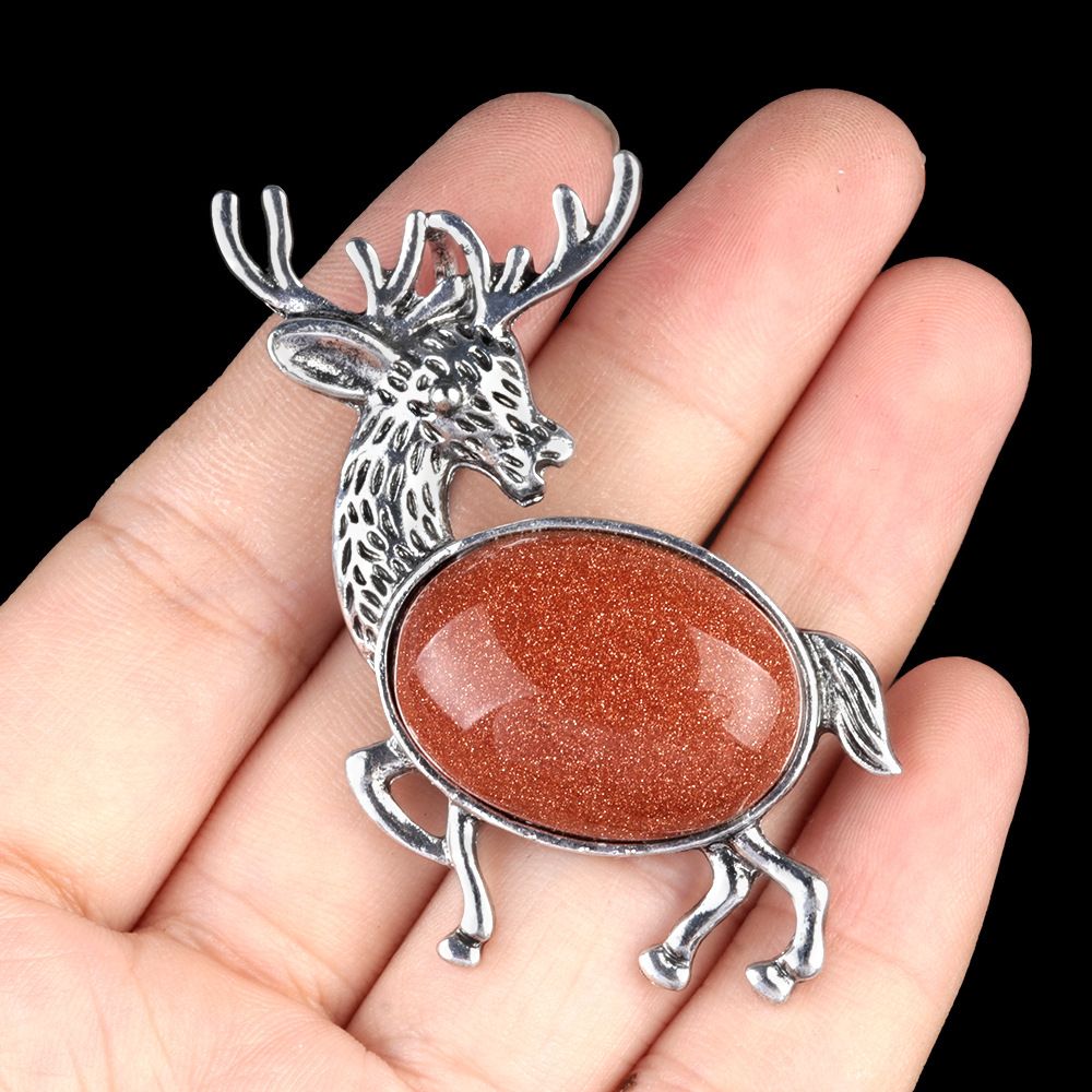 1934-Pingente de broche de alce de pedra semipreciosa incrustada em liga de cristal natural Alfinete de moda europeu e americano