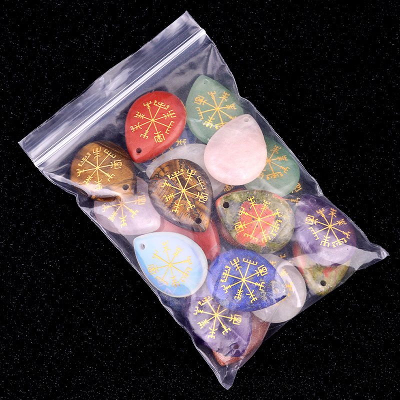 2112-Gravura de cristal em pó de ametista natural Vegvisir Símbolo Viking marca de direção pingente de gota de água DIY jóias