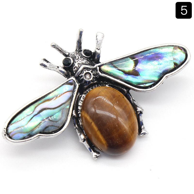 1209-Abelha semipreciosa de ágata de cristal, pingente de pedra preciosa de concha de abalone incrustada em liga, colar de broche
