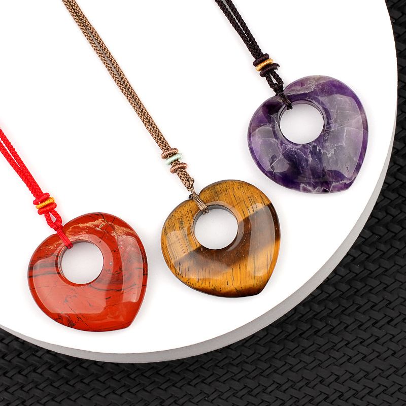 Colar de pedra de cristal natural colar de pedra de amor suéter corrente olho de tigre coração de pedra colar de pedra de pêssego pingente