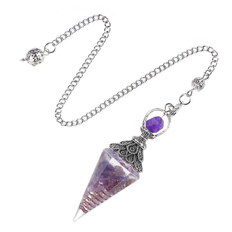 Pêndulo de cristal natural Pêndulo de resina de cone hexagonal de prata antiga envolto em epóxi