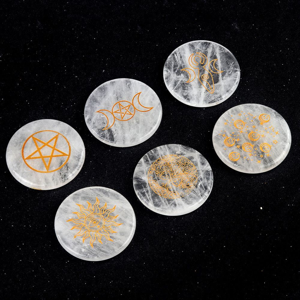 1921-Cristal branco 55mm redondo plano gravura árvore da vida estrelas lua pedra almofada enfeite de artesanato DIY
