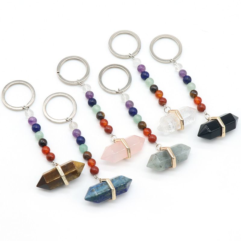 1105-Rose Quartz chaveiro de cristal ágata colorido pedra dupla pontiaguda hexagonal cone pingente chaveiro