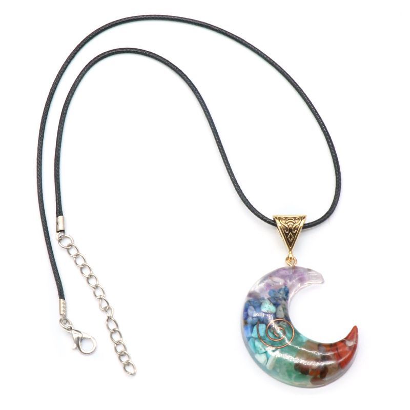 Pingente de lua de resina de cascalho colorido 1150, colar de lua de chakra de resina epóxi de pedra preciosa de cristal natural