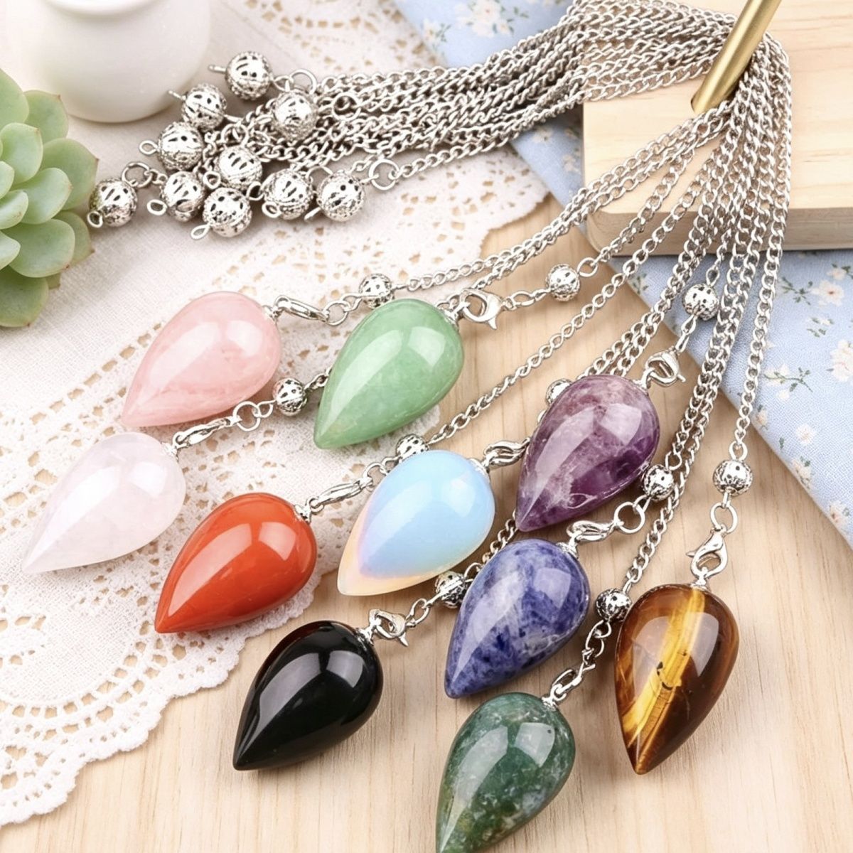 2150 Pingente de pêndulo de cristal natural em forma de gota meditação de ioga vintage pedra semipreciosa com pêndulo de ametista de corrente
