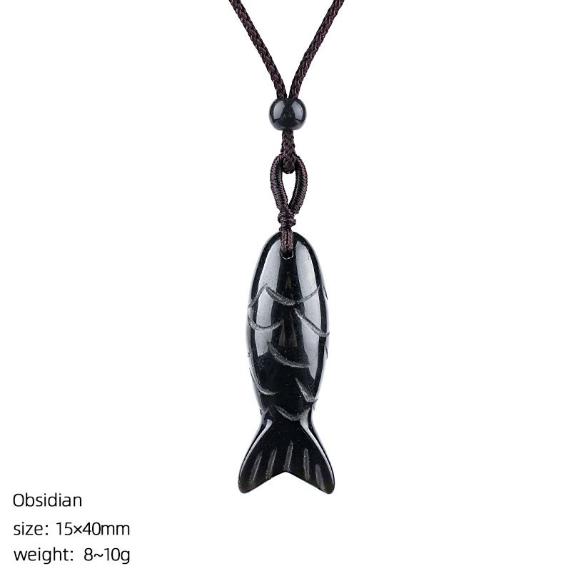 Colar de peixe pequeno de pedra semi-preciosa natural de 40Mm, colar de corda trançada ajustável, pingente de peixe pequeno de ágata tridimensional com gravura em pedra ágata.