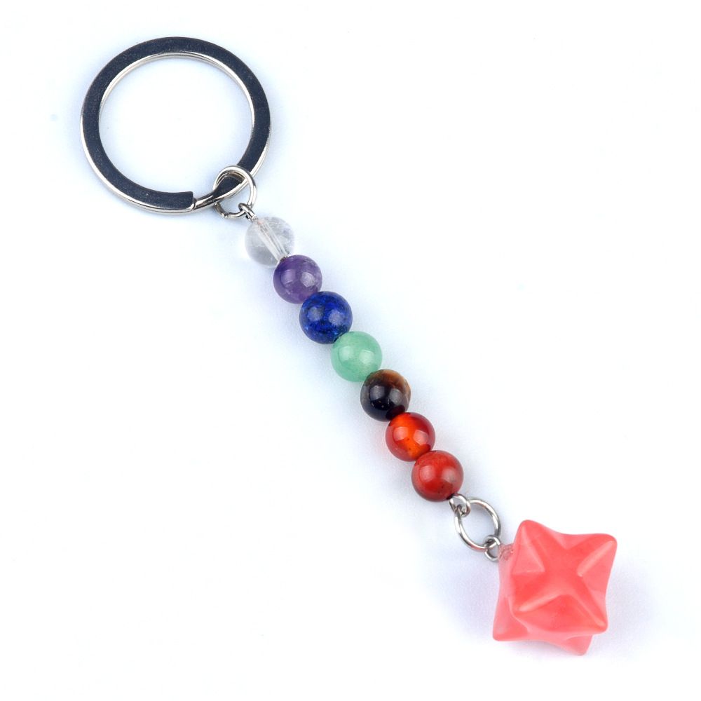 1937-Pedra colorida de cristal natural ágata Kaba chaveiro estrela, pingente de hexagrama tridimensional Merkaba.