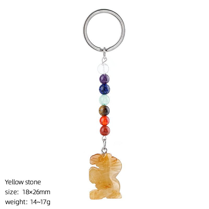 Chaveiro de pônei de jade natural, acessórios de chakra de contas redondas coloridas, pingente de pônei de ágata de cristal gravado.