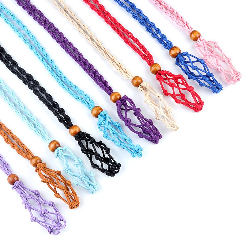 6107-Transfronteiriço tecido mesh bolso colar pingente ajustável retrátil artesanal suporte de malha retro corda ametista pedra bruta
