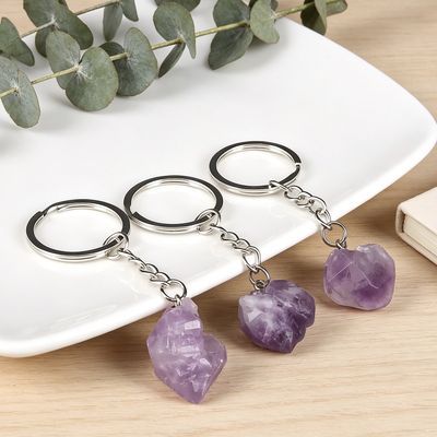 Espécime mineral de pedra áspera de ametista, anel de chaveiro irregular de cristal único, pingente de joias para bolsa de celular, acessórios