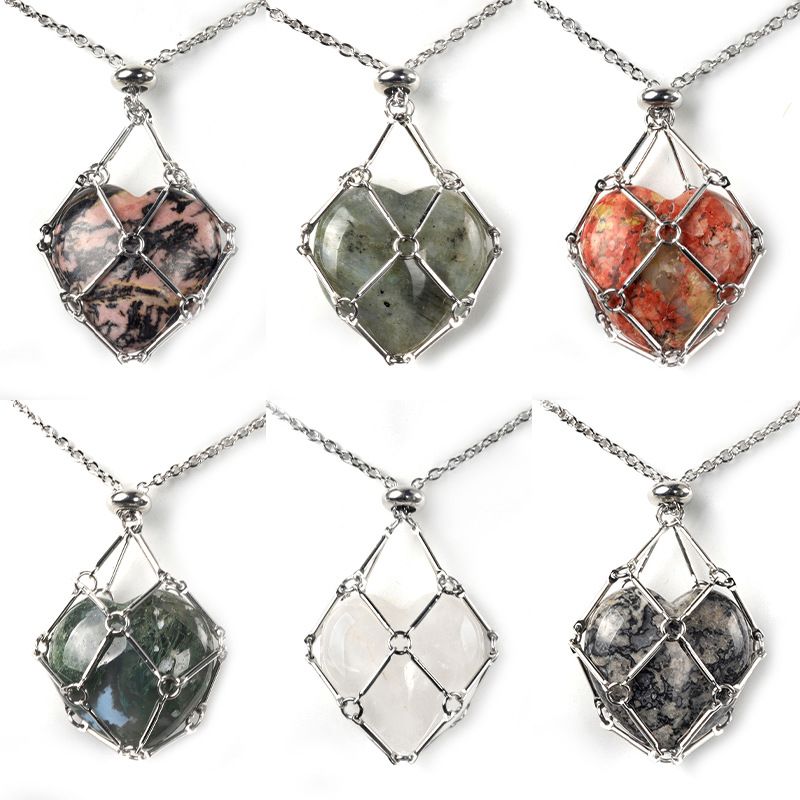1737-Corrente de aço inoxidável de pedra de amor de ágata de cristal natural, pingente de bolso de malha de coração de bambu de metal