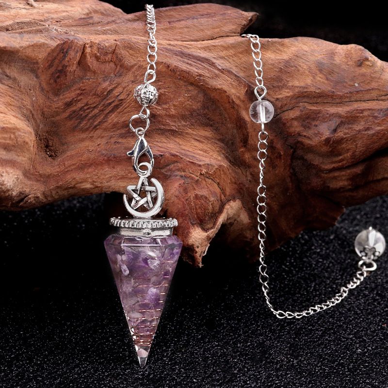 2138-Star-Moon Hexagonal Cone Cristal Ágata Pedra Semi-preciosa Resina de Cascalho Pingente de Pêndulo