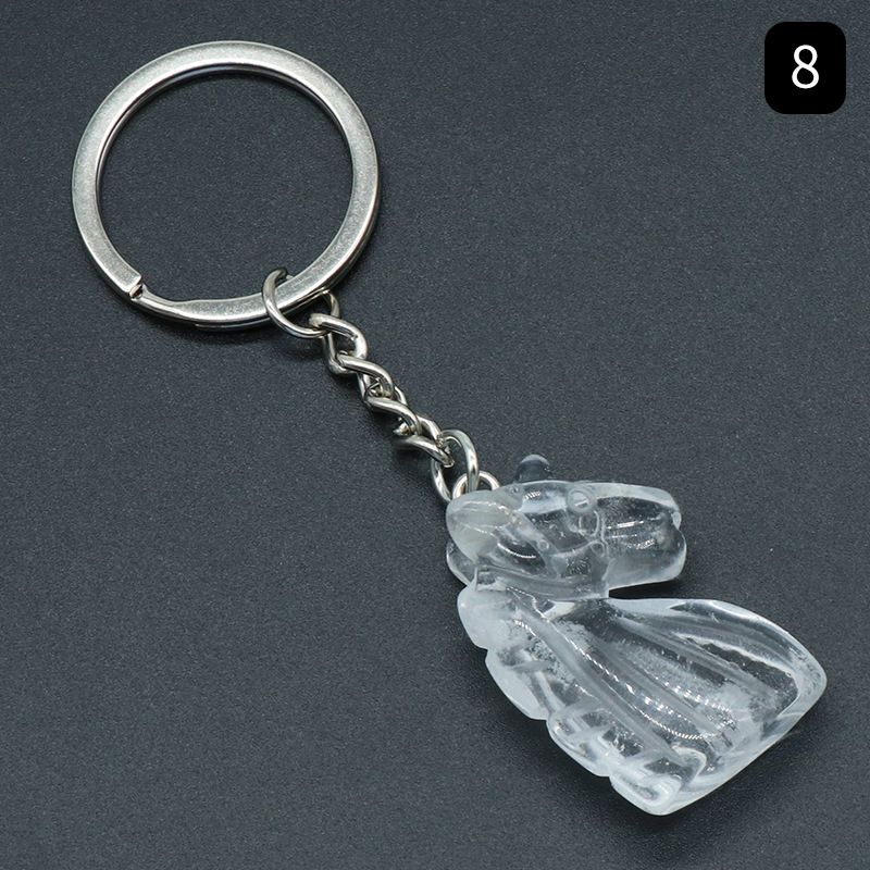 Chaveiro de unicórnio de pedra de cristal natural unicórnio, pingente de saco de animal gravado em pedra.